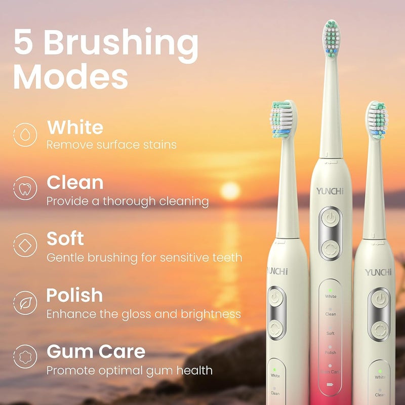 YUNCHI Electric Toothbrush Birthday/Valentine Plastic 8 Dupont Heads 24-Mo Deep Cleans Gentle Gums Removes Stains 3Hr USB-C 90d 2-Min Timer/30s IPX7 - Yellow Red - Image 3